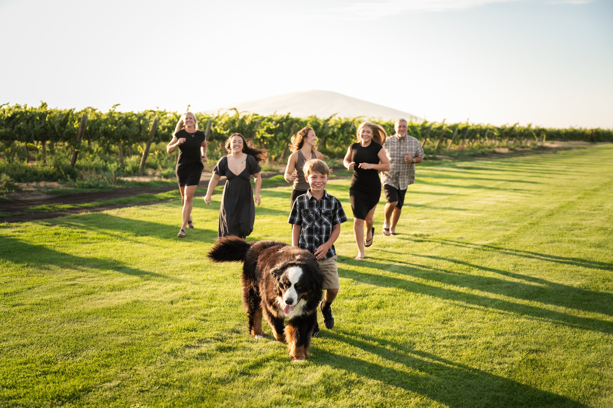 A family running across the grass behind their dog in golden evening light.